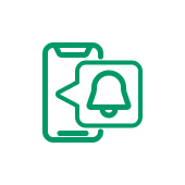 Alle Konten auf einen Blick Grüne Linienzeichnung: Smartphone mit Sprechblase und Glocke.