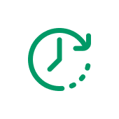 Rund um die Uhr verfügbar Grüne Linienzeichnung: Uhr mit Uhrzeiger und gestricheltem Kreis.