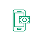 Multibanking Grüne Linienzeichnung: Ein Smartphone, aus dem ein Geldschein herausragt.