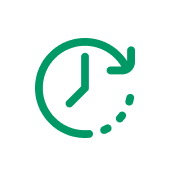 Rund um die Uhr verfügbar Grüne Linienzeichnung: Eine Uhr mit einem sich drehenden Zeiger.