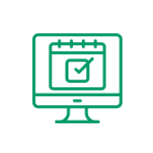 Schnelle-Terminvereinbarung Grüne Linienzeichnung: Ein Computer mit einem Kalender, auf dem ein Termin abgehakt ist.