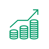 Umsatzanzeige der letzten zwei Jahre Grüne Linienzeichnung: Mehrere Münzstapel mit einem aufsteigenden Pfeil.