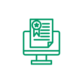Vertragsabschluss Grüne Linienzeichnung: Ein Computerbildschirm mit einem Dokument und einem Siegel.