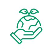 Umweltschutz — Schonung von Ressourcen zum Schutz der Umwelt Grüne Linienzeichnung: Eine Hand umhüllt einen Globus mit einem kleinen Baum.