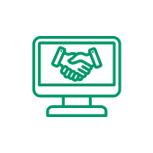 Online Abschliessbar Grüne Linienzeichnung: Computerbildschirm mit zwei Händen zum Handschlag.